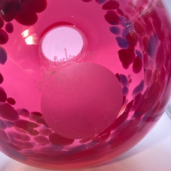 Vintage Douglas Becker Signed Cranberry Art Glass Vase Coin Dot Pattern - Picture 8 of 15